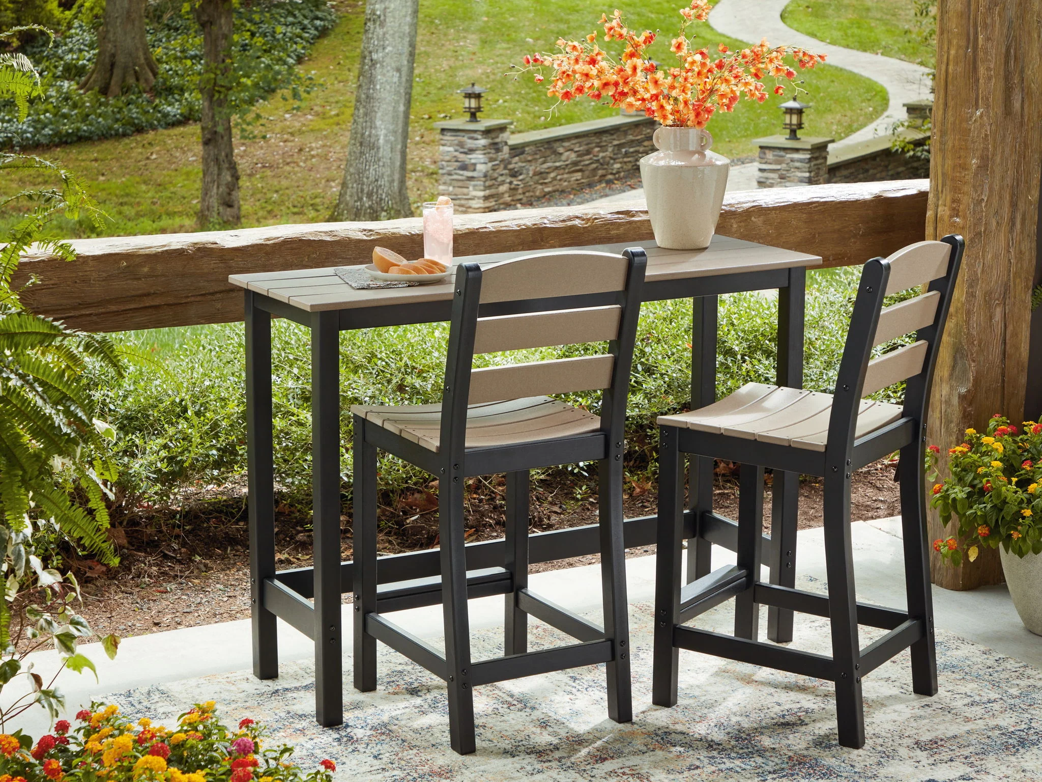 Shoreline Beach - Outdoor Counter Table And 2 Barstools (Set of 3) - Black / Beige - Image 3